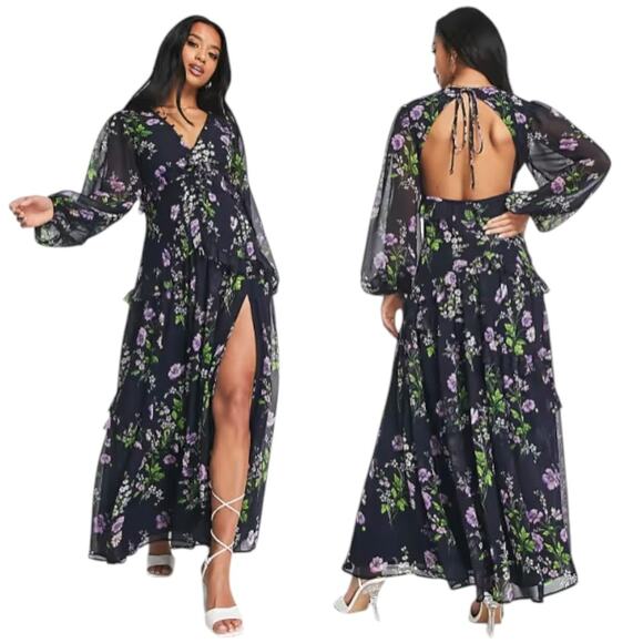 ASOS Dresses & Skirts - ASOS Coquette Corset Babydoll Navy Floral Open Back Ruffle Maxi Dress 2 Tall NWT